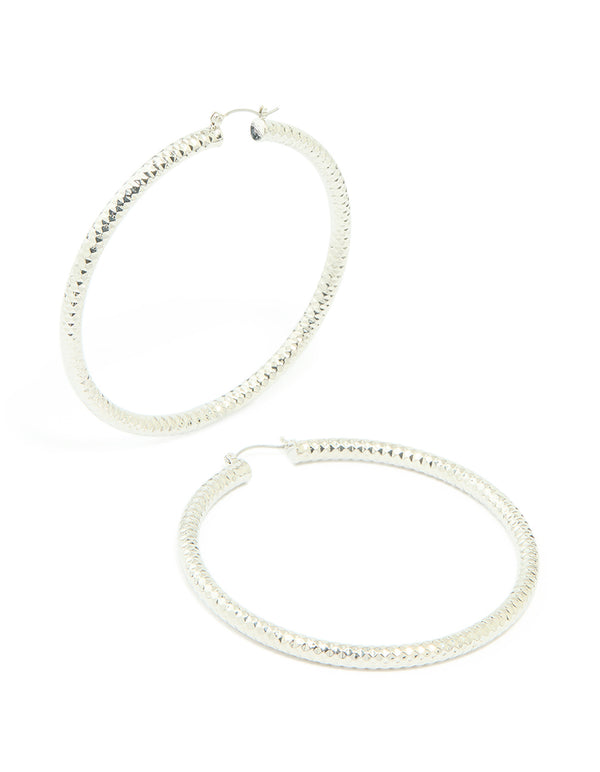 Silver Criss Cross Textured Medium Hoop Earrings
