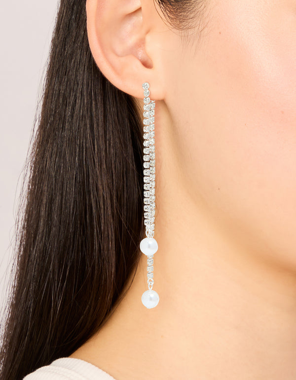 Silver Diamante Cup Chain Pearl Double Drop Earrings