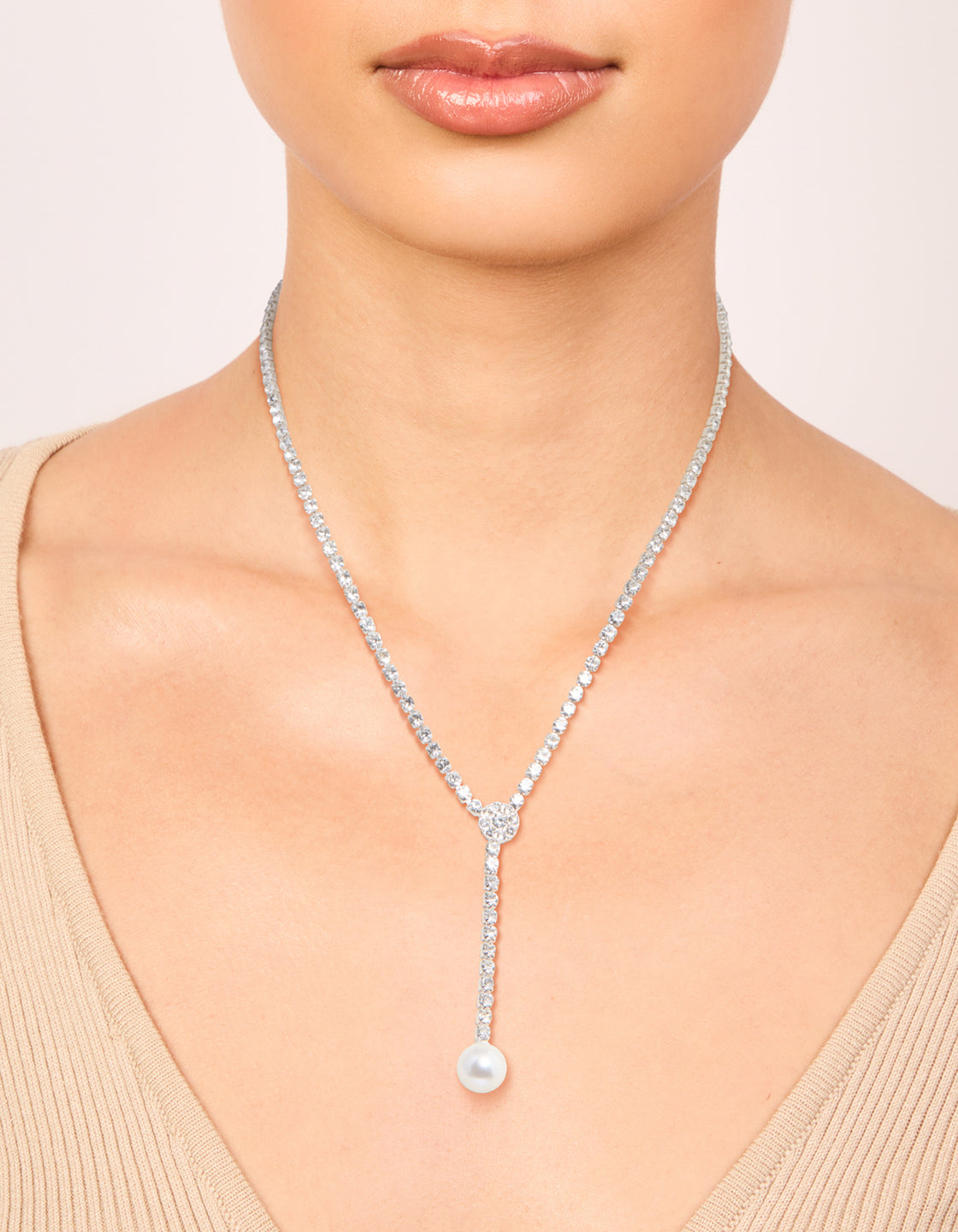 Silver Diamante Cup Chain Pearl Y-Necklace