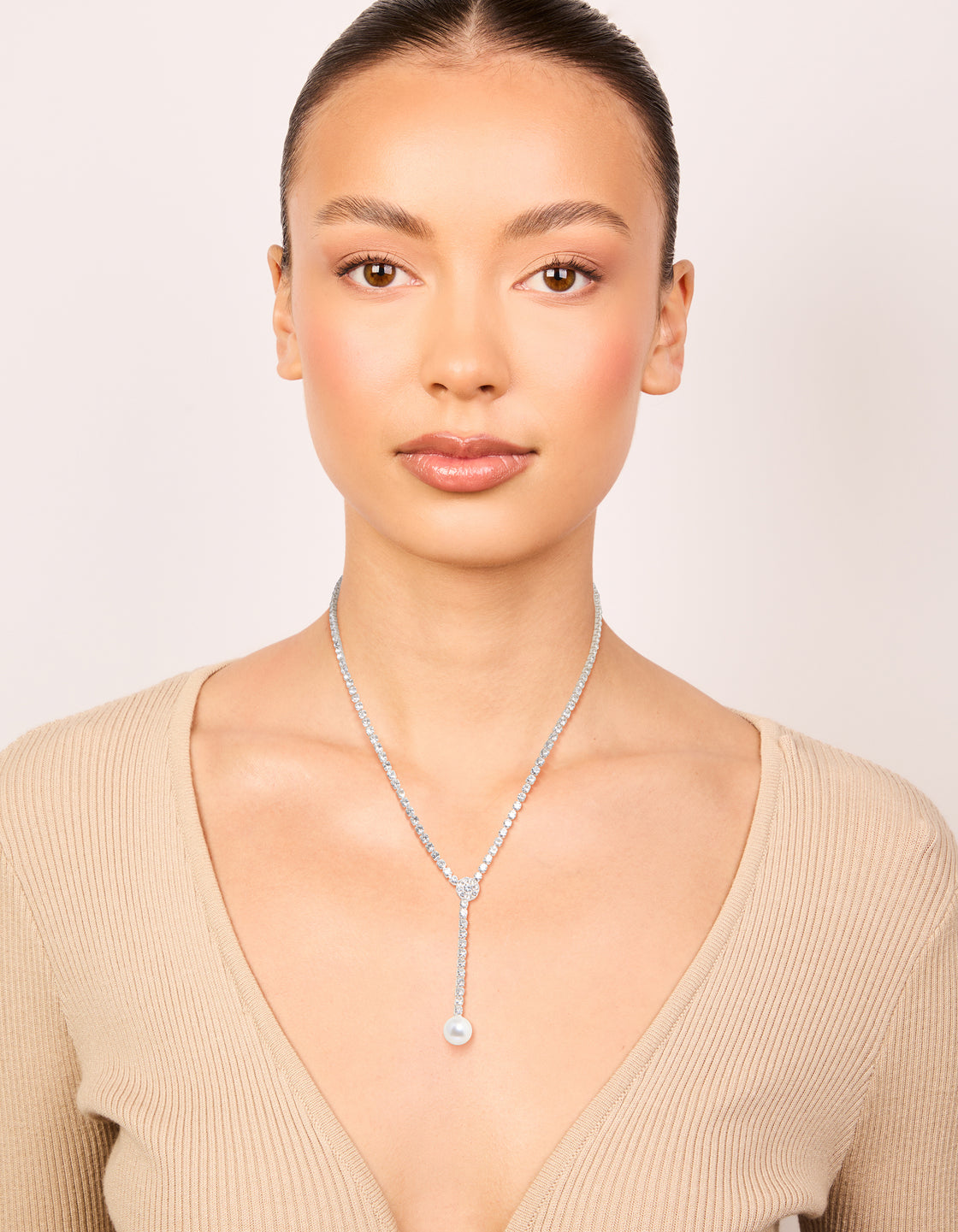 Silver Diamante Cup Chain Pearl Y-Necklace