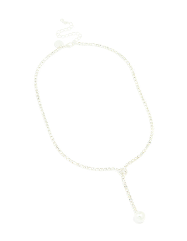 Silver Diamante Cup Chain Pearl Y-Necklace