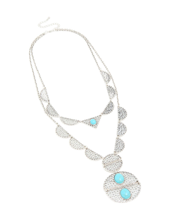 Antique Silver Textured Blue Circle Layered Necklace