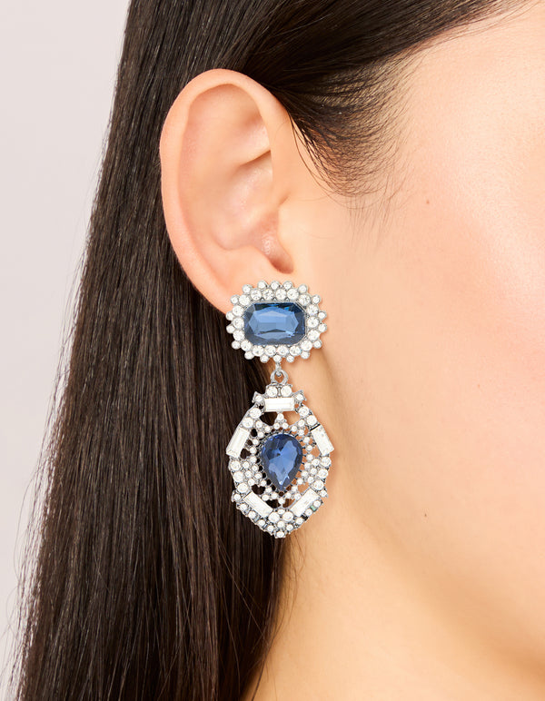 Silver Gunmetal Blue Diamante Pear Drop Earrings