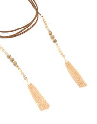Gold Brown Suede Wrap Tassel Long Necklace - link has visual effect only