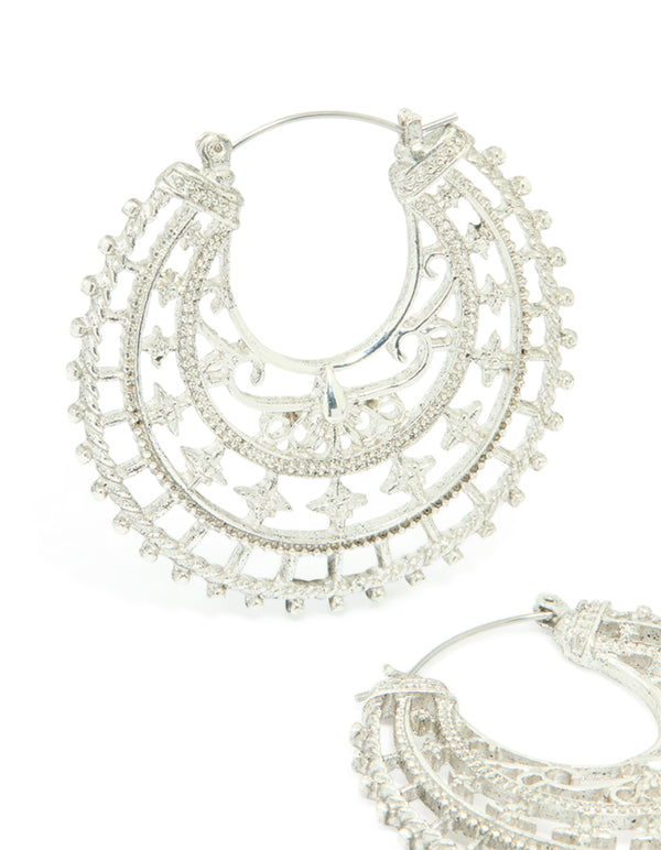 Antique Silver Boho Decorative Hoop Earrings