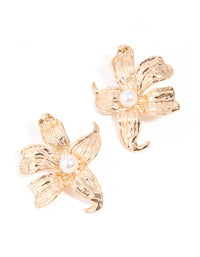 Gold Pearl Textured Flower Stud Earrings - link has visual effect only