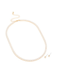 Gold Cubic Zirconia Tennis Necklace & Classic Stud Earrings Set - link has visual effect only