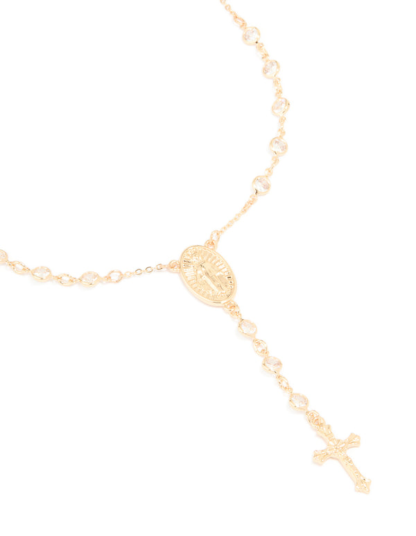 Gold Plated Cubic Zirconia Cross Rosary Y-Necklace