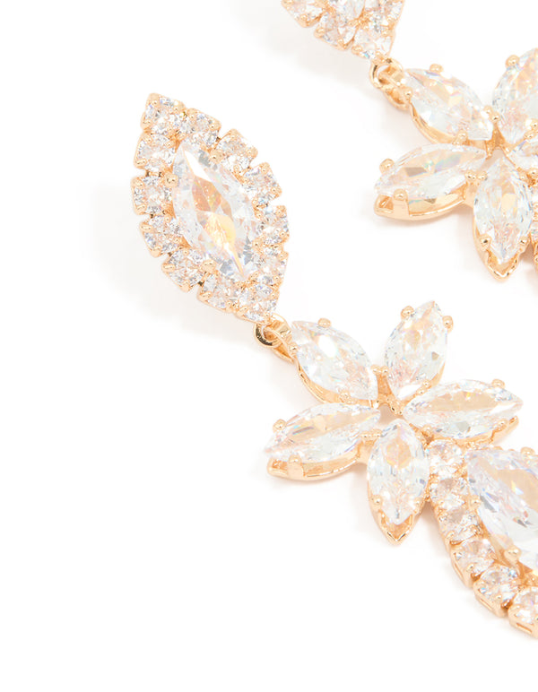 Gold Cubic Zirconia Statement Flower Drop Earrings