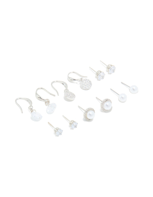 Silver Pearl & Cubic Zirconia Earrings 6-Pack