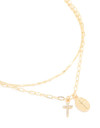 Gold Plated Diamante Cross Pendant Layered Necklace - link has visual effect only