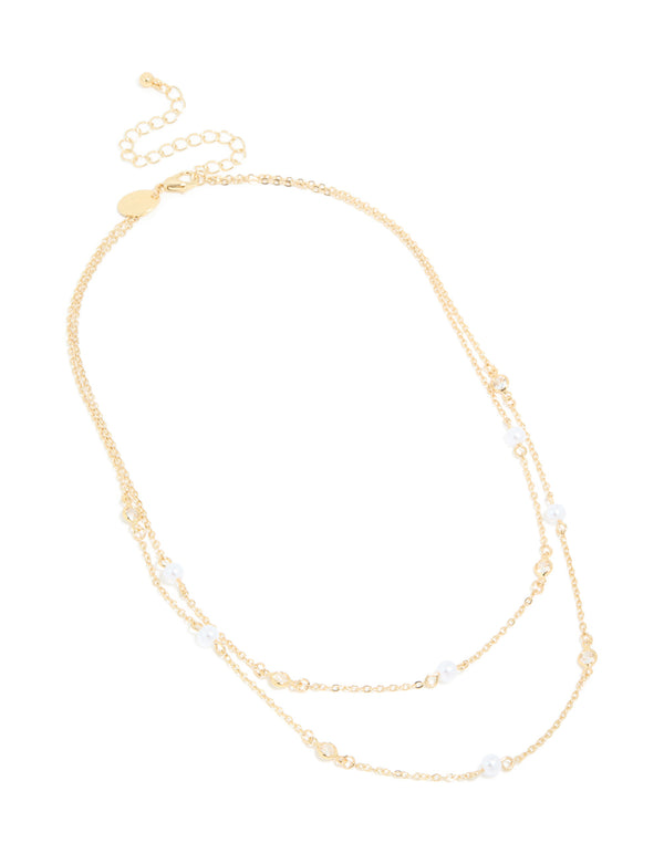 Gold Plated Cubic Zirconia & Pearl Layered Necklace