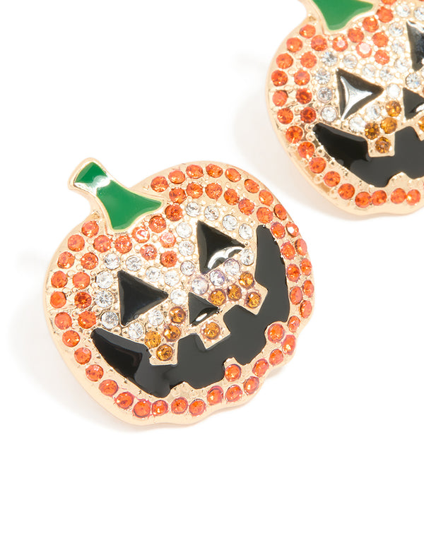 Gold Diamante Pumpkin Stud Earrings