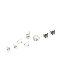 Antique Silver Graveyard & Black Cat Earrings 4-Pack - link has visual effect only