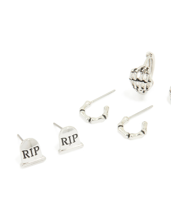 Antique Silver Graveyard & Black Cat Earrings 4-Pack