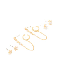 Gold Plated Brass Cubic Zirconia Stud & Chain Earrings 3-Pack - link has visual effect only