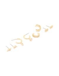 Gold Plated Brass Cubic Zirconia Flower Stud & Ear Cuff 5-Pack - link has visual effect only
