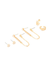 Gold Plated Brass Cubic Zirconia Chain Earrings & Ear Cuffs 3-Pack - link has visual effect only