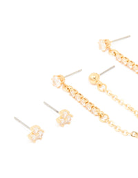 Gold Plated Brass Cubic Zirconia Chain Earrings & Ear Cuffs 3-Pack - link has visual effect only