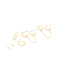 Gold Plated Brass Cubic Zirconia Hoop & Chain Earrings 3-Pack - link has visual effect only