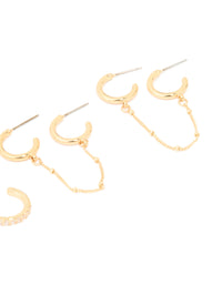 Gold Plated Brass Cubic Zirconia Hoop & Chain Earrings 3-Pack - link has visual effect only