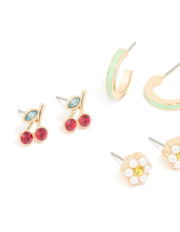 Gold Freshwater Pearl & Fruit Stud Earrings 5-Pack