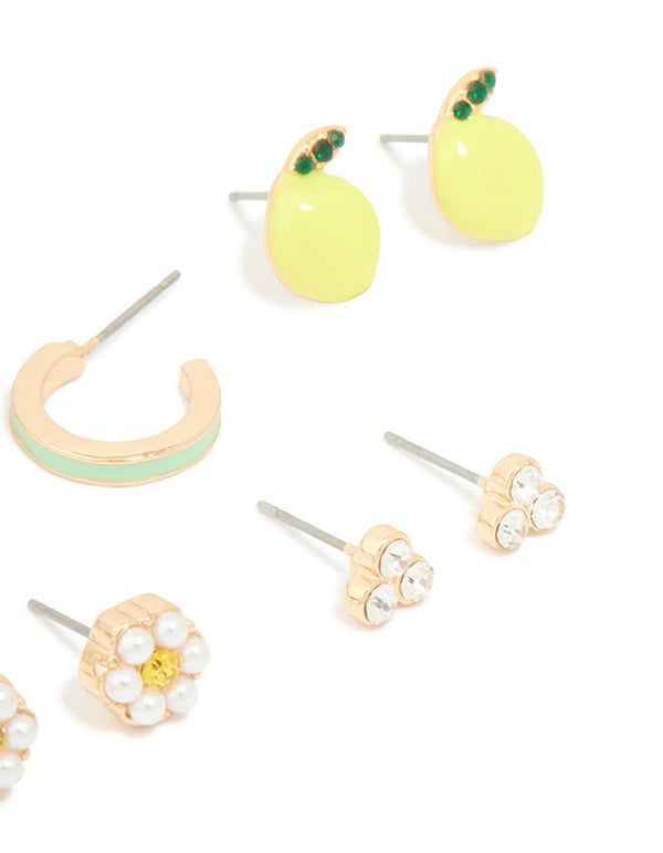Gold Freshwater Pearl & Fruit Stud Earrings 5-Pack
