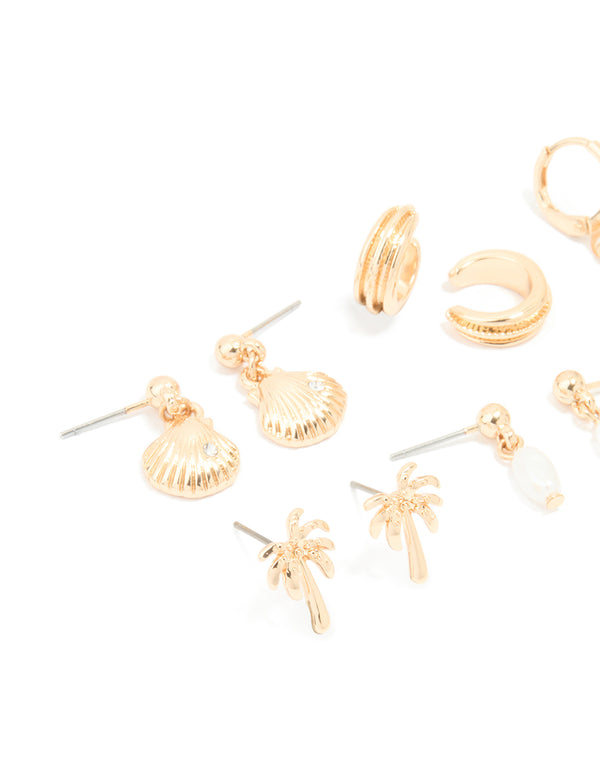 Gold Starfish & Shell Mixed Earrings 6-Pack
