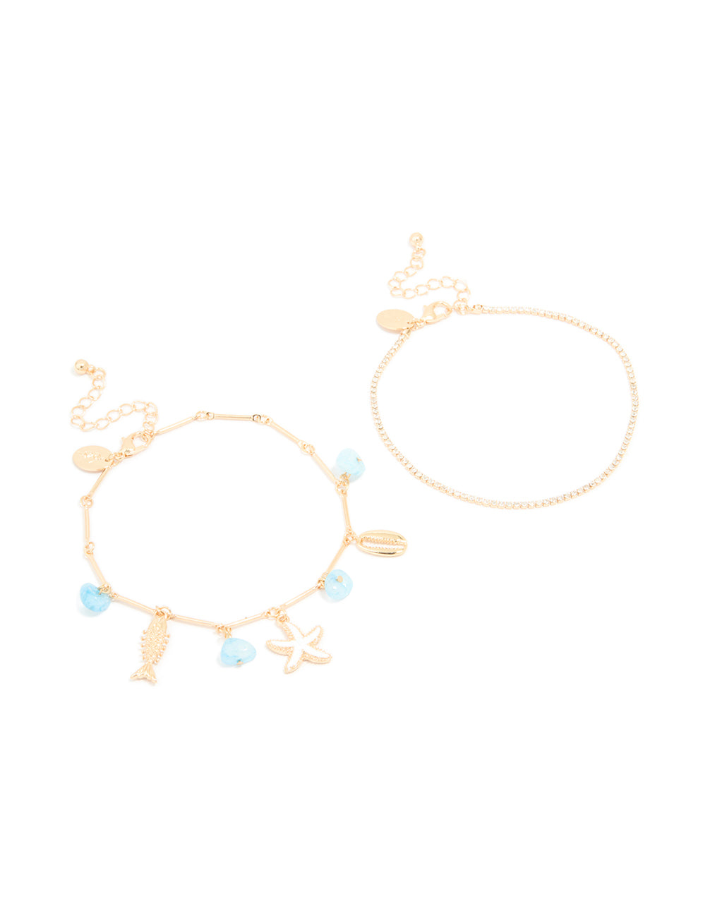 Gold Diamante Cupchain & Fish Star Charm Anklets 2-Pack