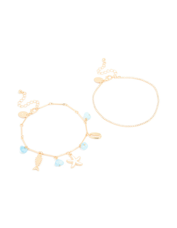Gold Diamante Cupchain & Fish Star Charm Anklets 2-Pack