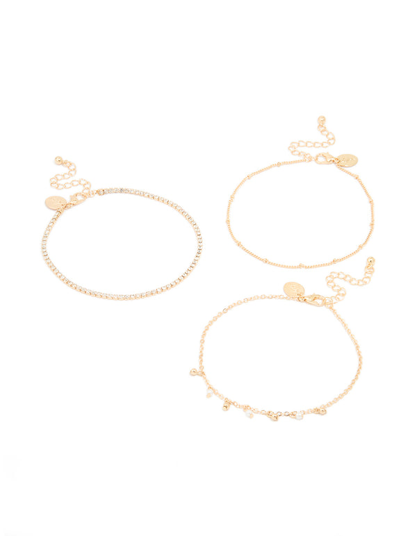 Gold Diamante & Pearl Anklets 3-Pack