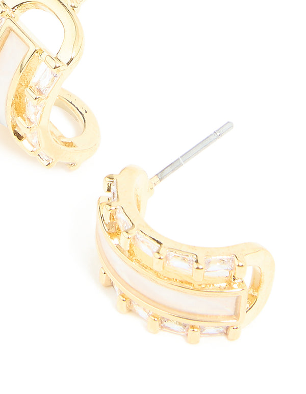Gold Plated Cubic Zirconia Baguette Inlay Hoop Earrings
