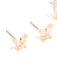 Gold Plated Pink Cubic Zirconia Butterfly Huggie & Stud Earrings 2-Pack - link has visual effect only