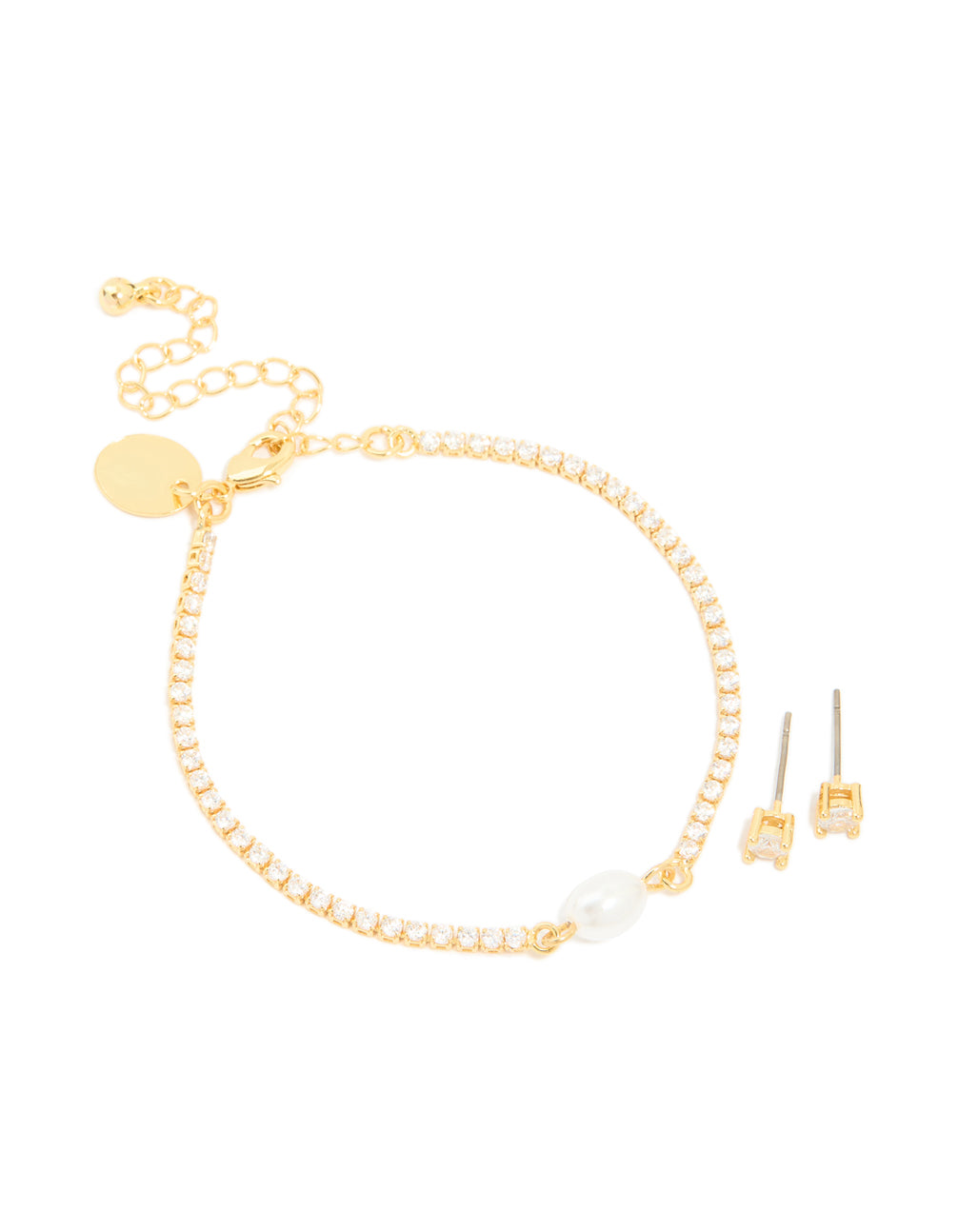 Gold Plated Cubic Zirconia & Pearl Tennis Bracelet & Earrings Set