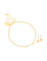 Gold Plated Cubic Zirconia & Pearl Tennis Bracelet & Earrings Set - link has visual effect only