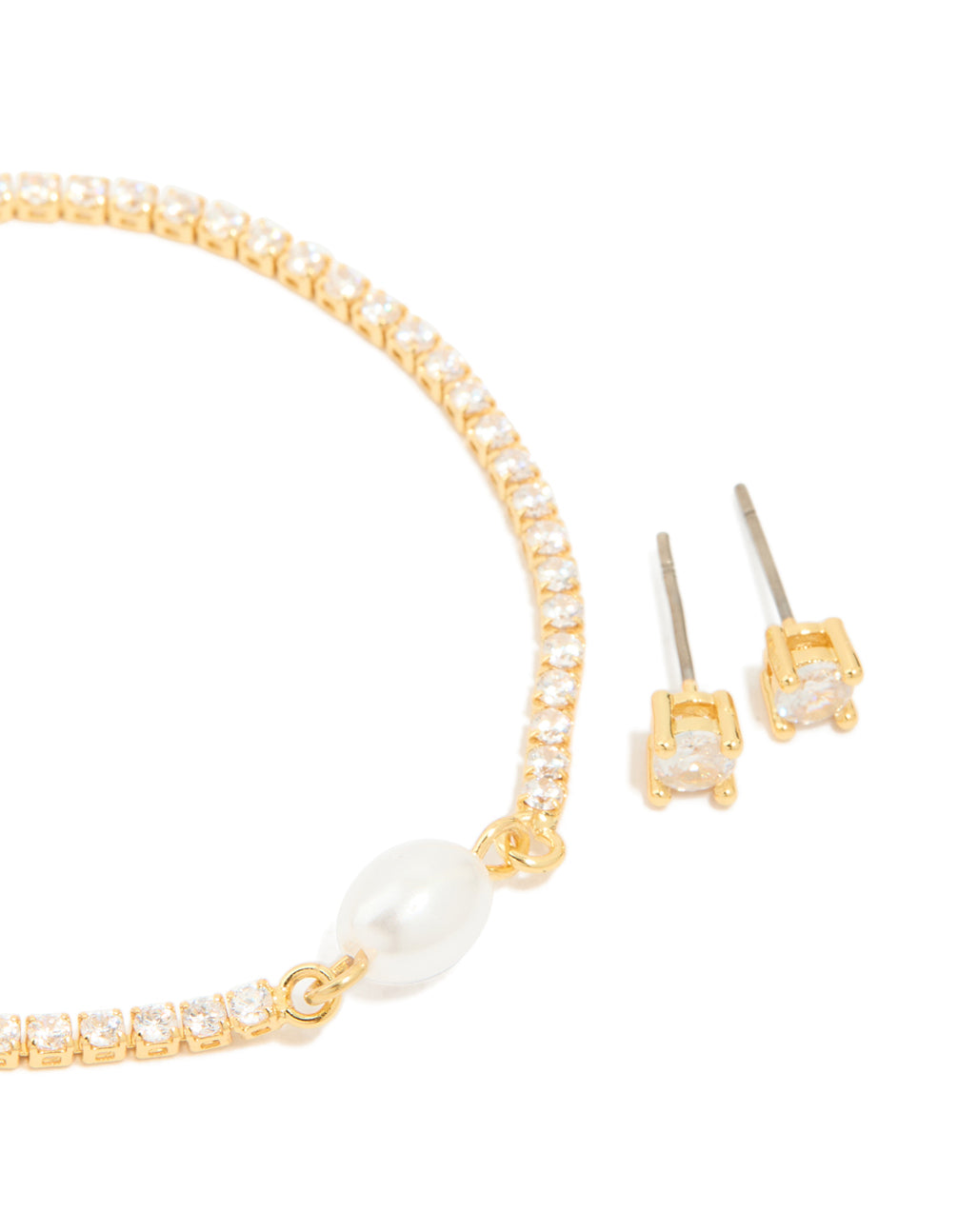 Gold Plated Cubic Zirconia & Pearl Tennis Bracelet & Earrings Set