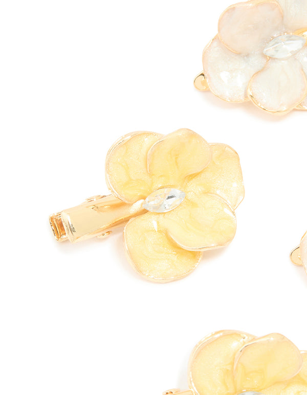 Gold Enamel Orchid Flower Hair Clips 4-Pack