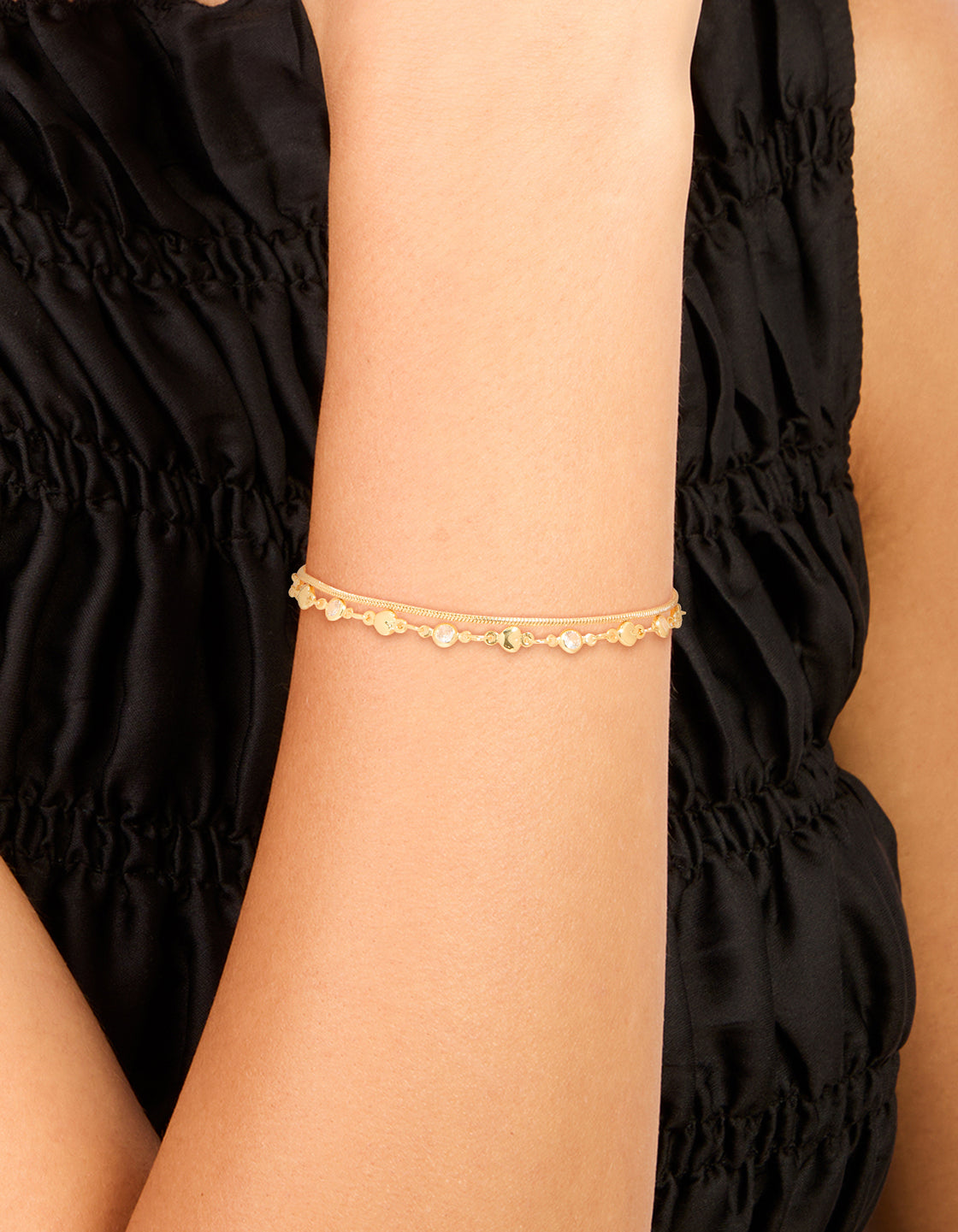 Gold Cubic Zirconia Heart & Snake Chain Bracelets 2-Pack