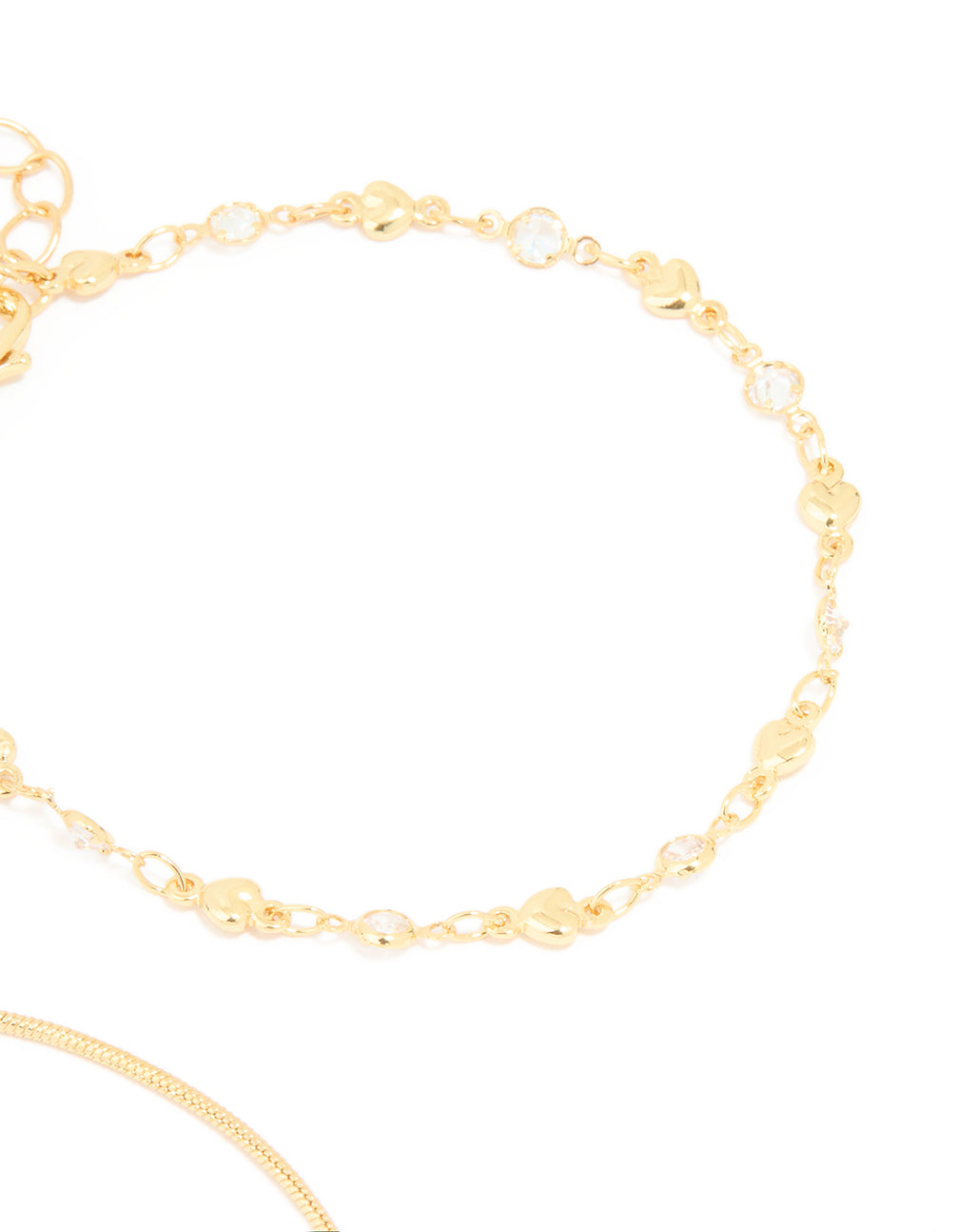 Gold Cubic Zirconia Heart & Snake Chain Bracelets 2-Pack