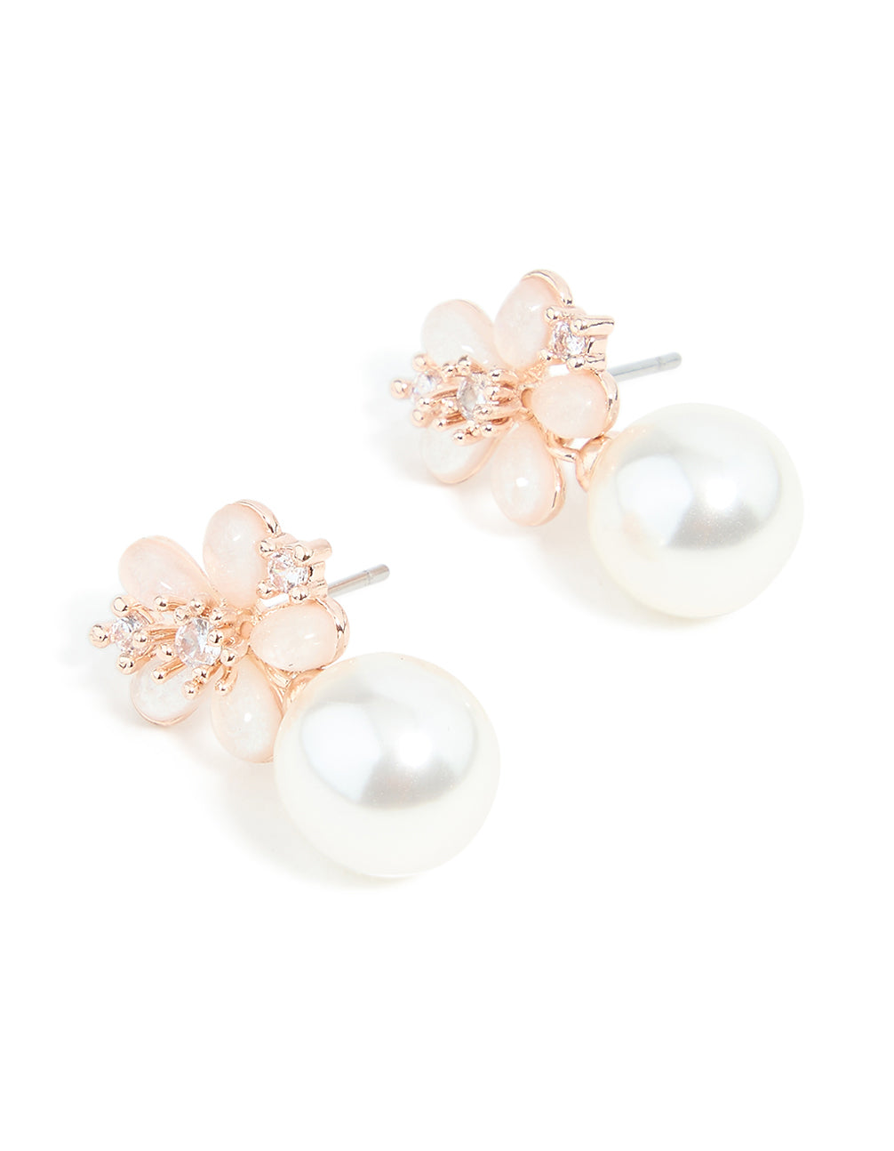 Rose Gold Plated Cubic Zirconia & Pearl Drop Earrings