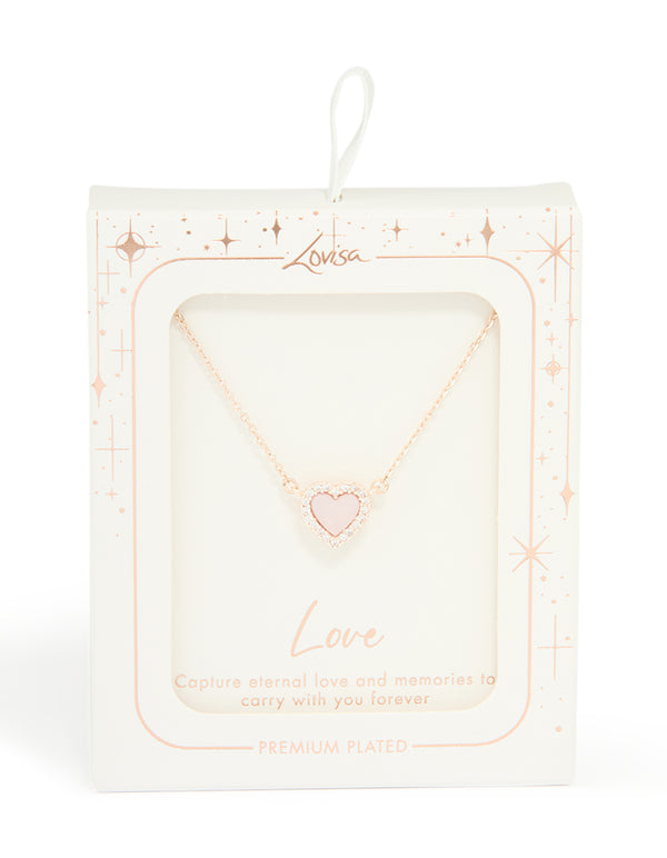 Rose Gold Plated Diamante Pink Heart Pendant Necklace