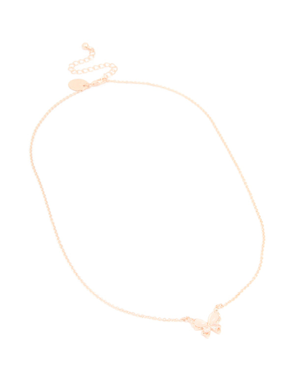 Rose Gold Plated Cubic Zirconia Butterfly Inlay Pendant Necklace