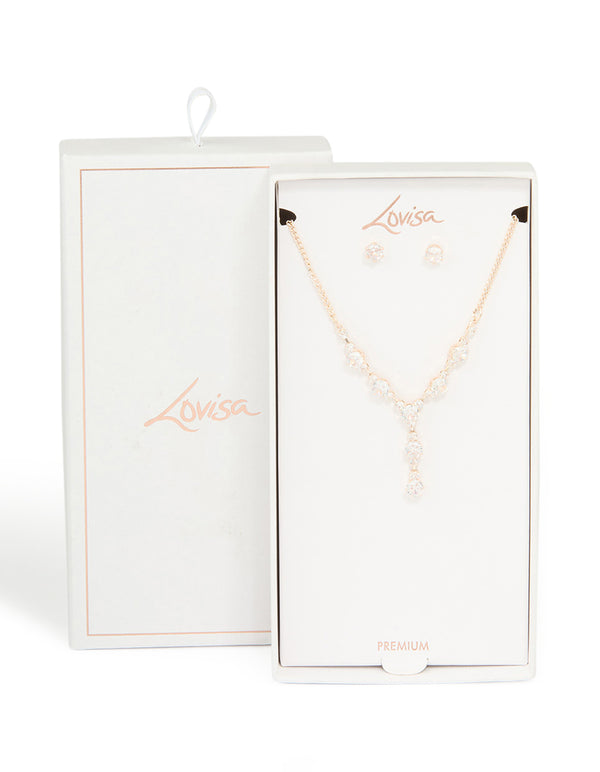 Rose Gold Plated Cubic Zirconia Y-Necklace & Stud Earrings Set