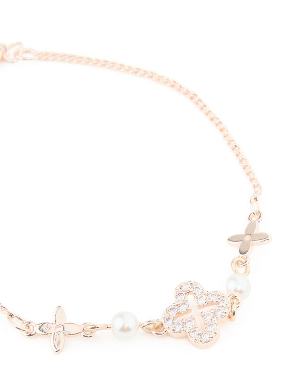 Rose Gold Plated Cubic Zirconia Pearl & Star Bracelet