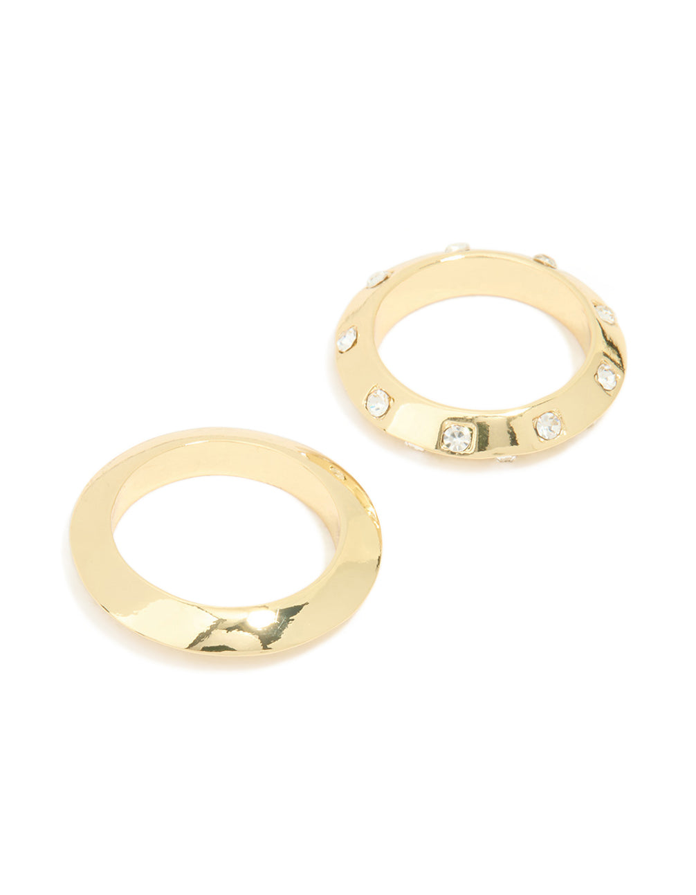 Gold Plated Knife Edge & Diamante Checkered Rings 2-Pack