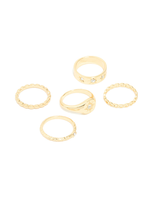Gold Plated Star Stamped Signet & Textured Rings 5-Pack