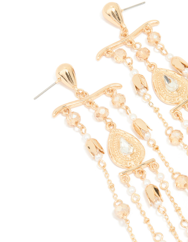 Gold Beads & Pearl Fringe Drop Earrings