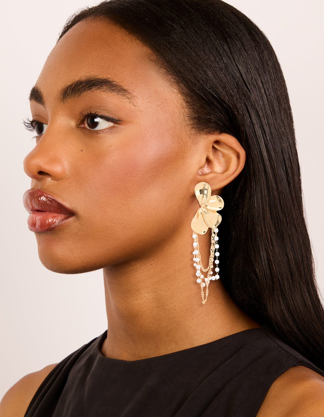 Gold Pearl Statement Floral Chain Drop Earrings