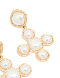 Worn Gold Pearl Cross Drop Earrings - link has visual effect only