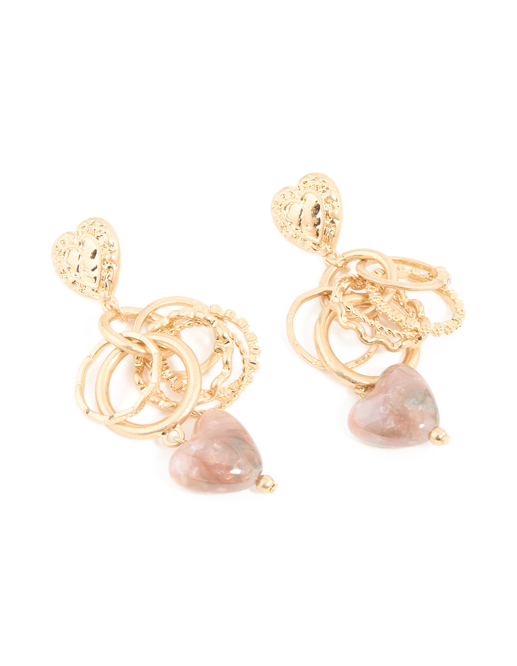 Worn Gold Heart & Ring Textured Drop Earrings